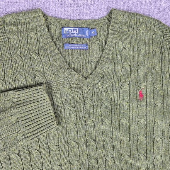 VTG Polo Ralph Lauren Sweater Tussah Silk Mens XL Green Cable Knit V-Neck Preppy - Picture 1 of 6